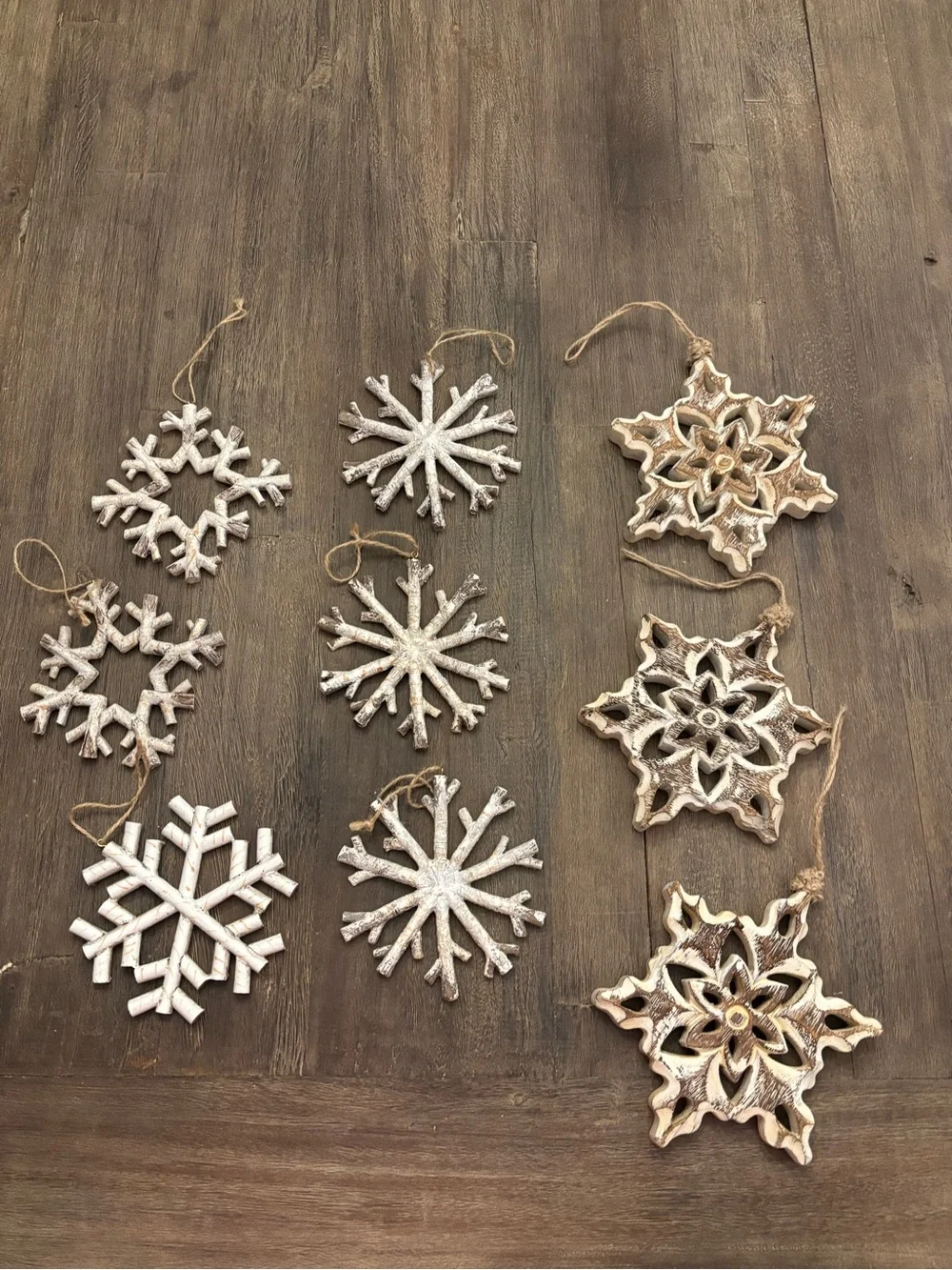 Rustic Snowflake Ornaments - lot of 9 - like new